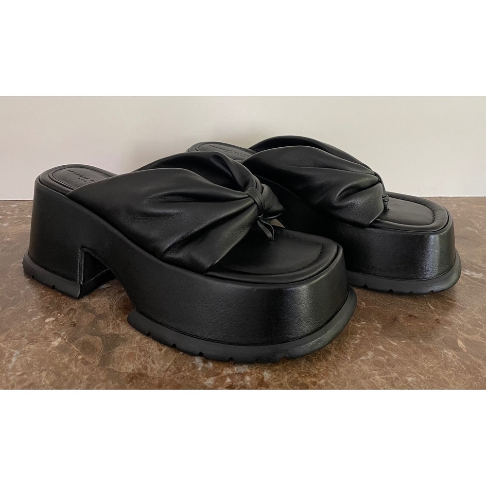 Brandon Blackwood Montego Black Leather Knotted Platform Thong Sandals Chunky 40